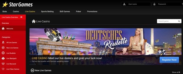 Screenshot StarGames Live Casino Überblick